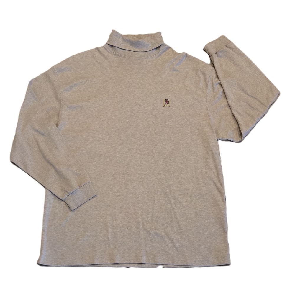 Vtg Tommy Hilfiger Men's Gray-Tan Long Sleeve Turtleneck Shirt Crest Logo Size L